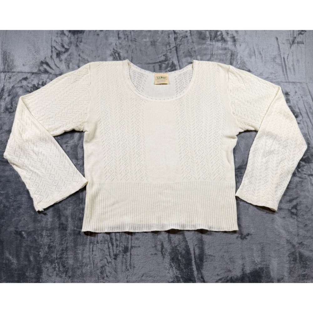 Vintage LL Bean Sweater Womens M Ivory Pointelle Cotton Made England A740
